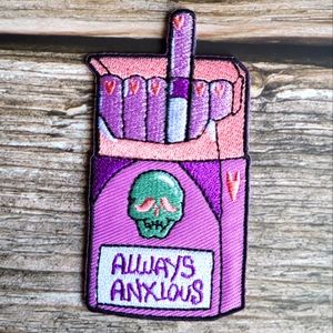 Always Anxious Cigarette Skull Pink Embroidered Iron on Patch